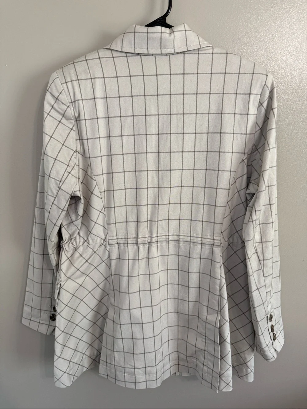 CAbi Windowpane Jacket 6026 Beige Cinched Drawstring Waist Neutral Women’s L